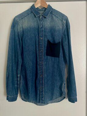 H&M Faded Denim Button Down Shirt Men’s Small Long Sleeve Black Chest Pocket